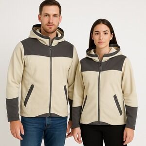 Free Country Vintage Fleece Jacket Mens/ Womens Medium‎ Gray Beige Hooded Zip Up